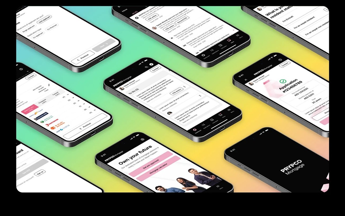 PRYPCO app interface collage across mobile devices